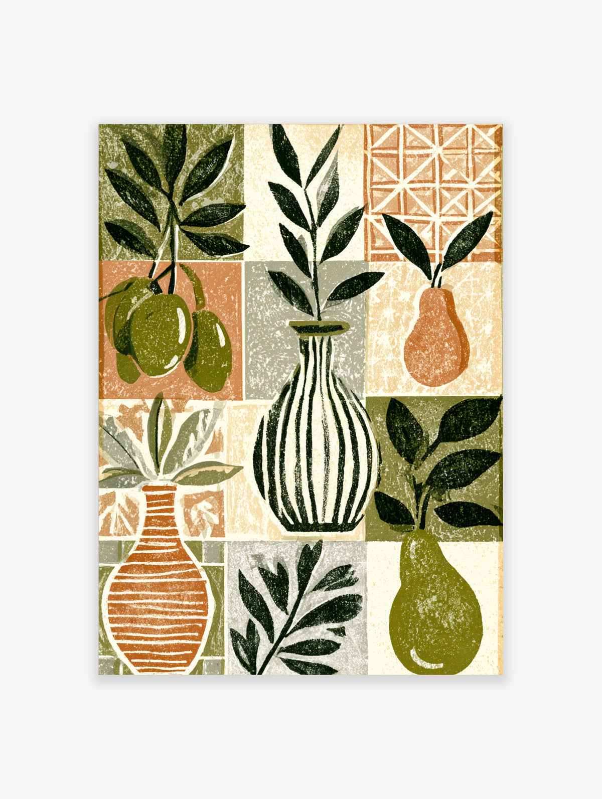 Botanical still life poster with green pears, striped vase, and leafy branches in a patchwork grid