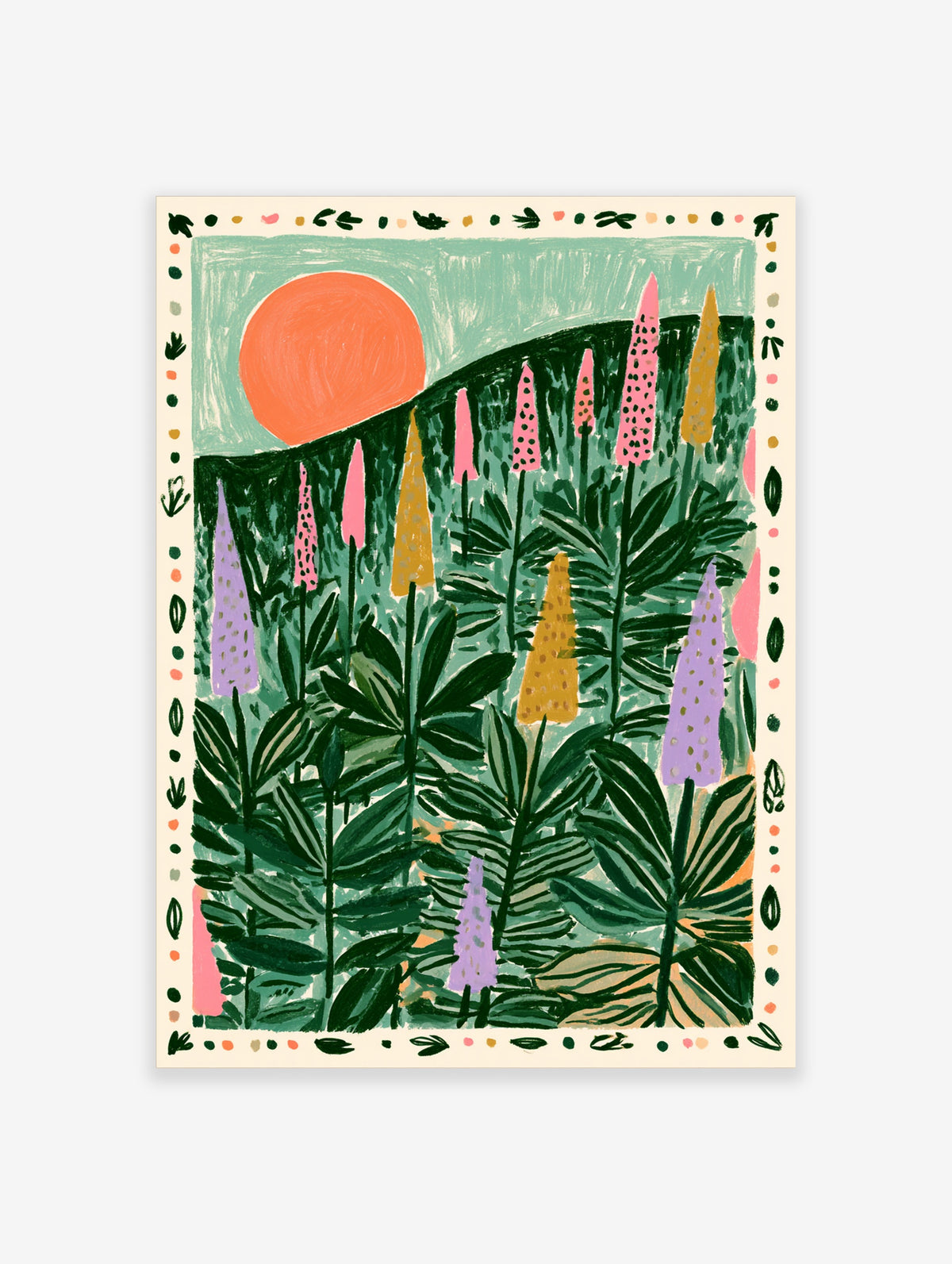 Colourful botanical art print with orange sun, pink and purple flower spires, and green leaves