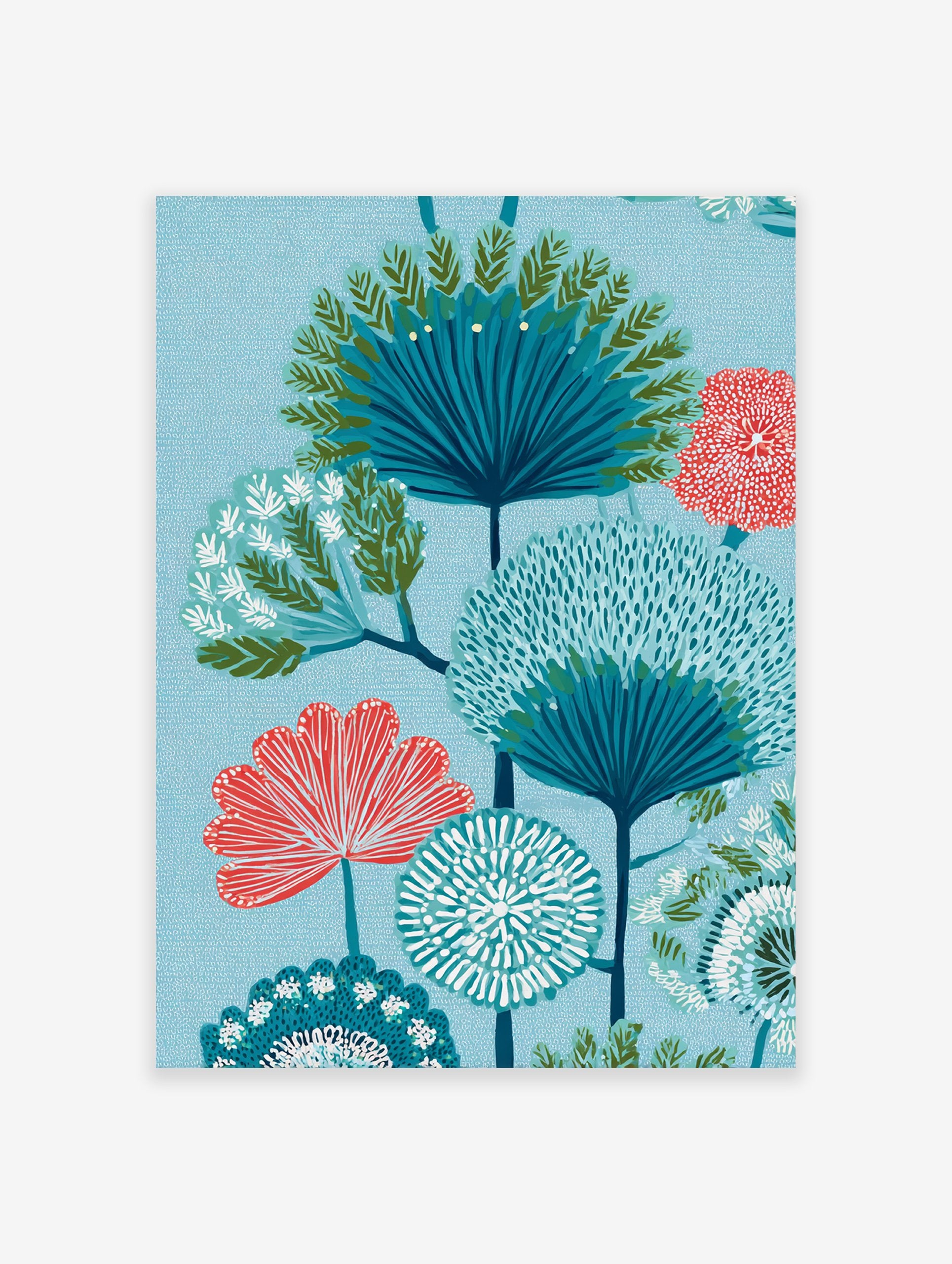 Stylized botanical tree poster with blue and coral flowers and foliage on a textured light blue background.