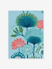 Stylized botanical tree poster with blue and coral flowers and foliage on a textured light blue background.