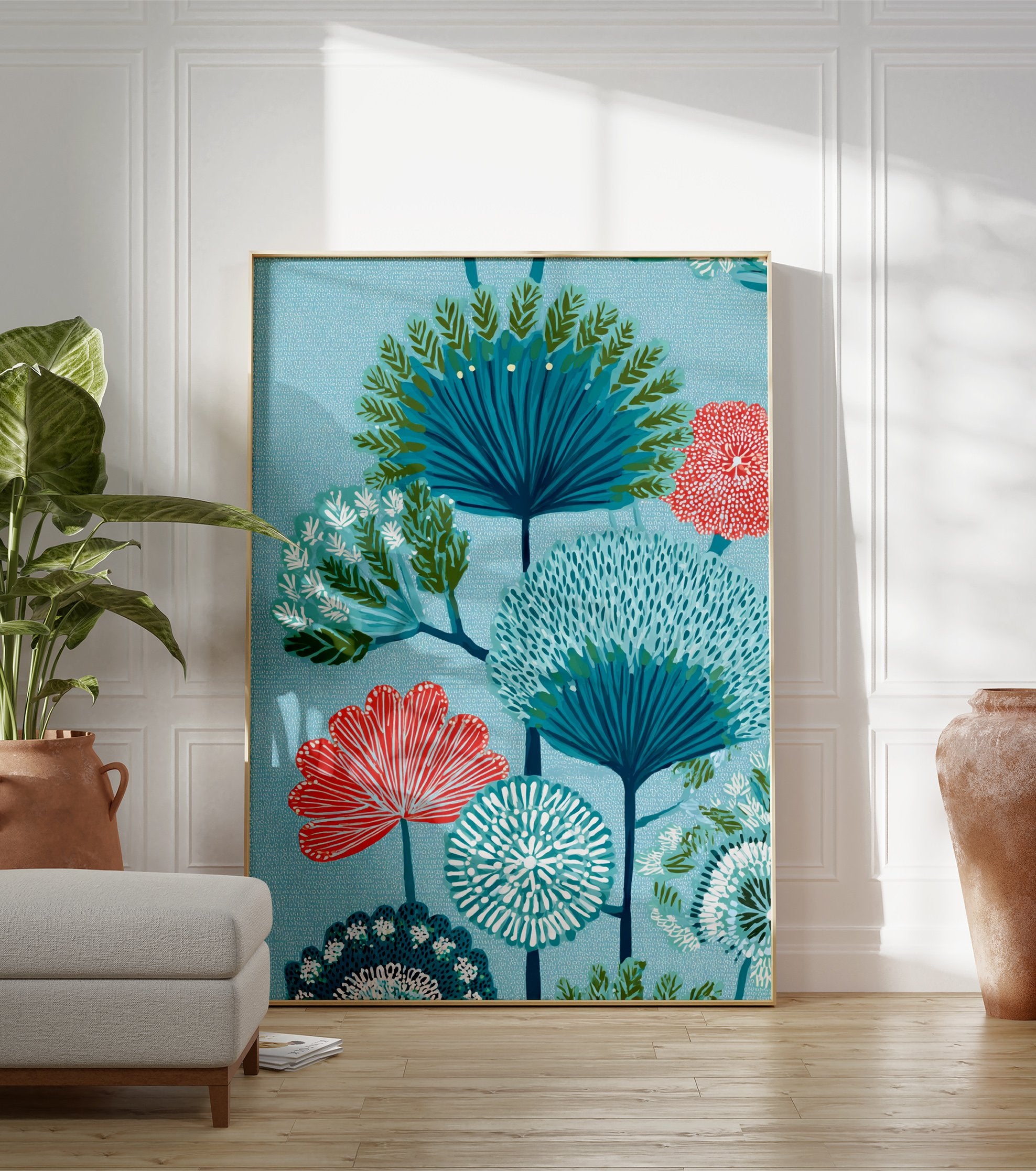 Stylized botanical tree poster with blue and coral flowers and foliage on a textured light blue background. - Image 3