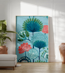 Stylized botanical tree poster with blue and coral flowers and foliage on a textured light blue background. - Image 3