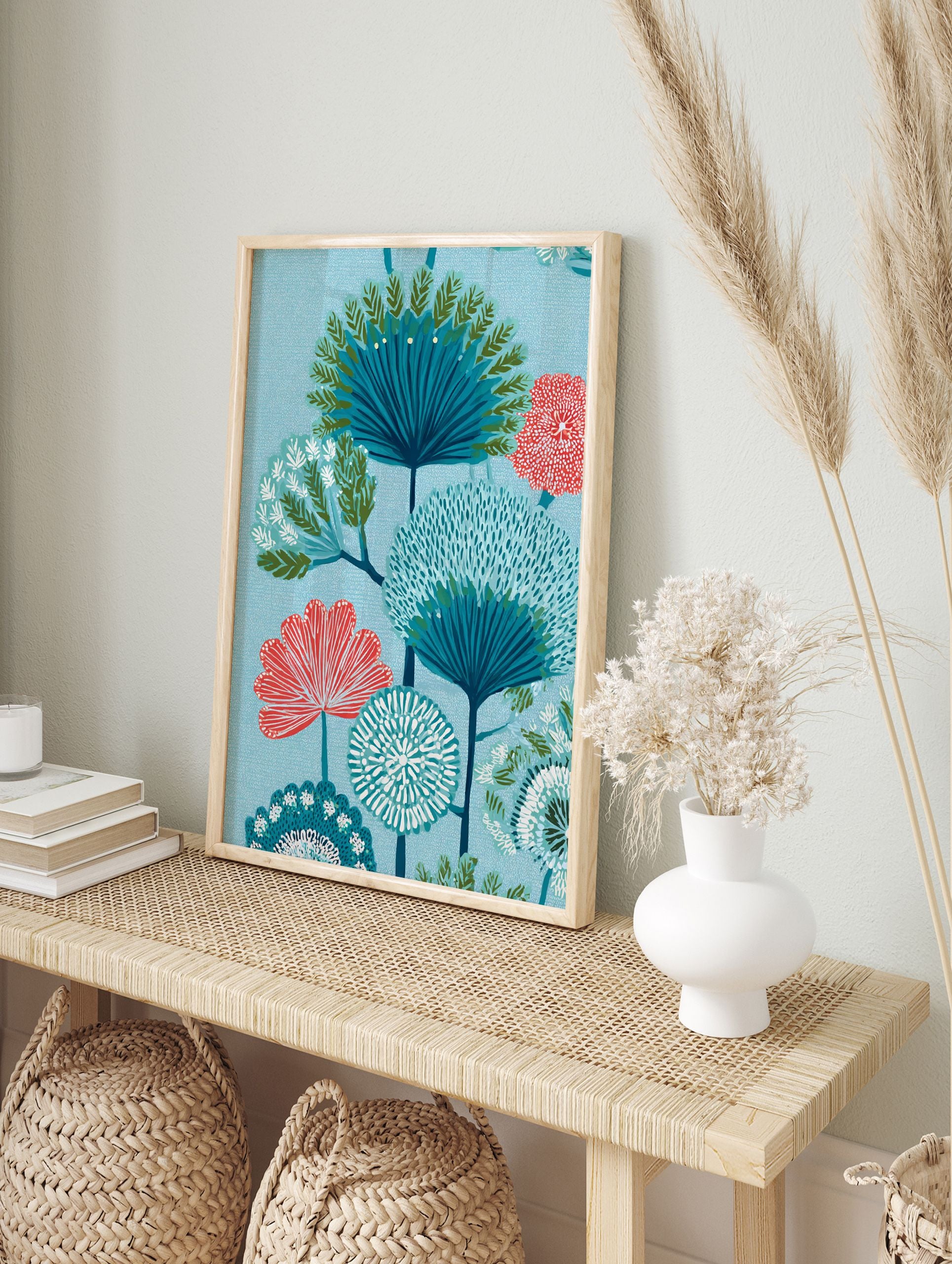 Stylized botanical tree poster with blue and coral flowers and foliage on a textured light blue background. - Image 4