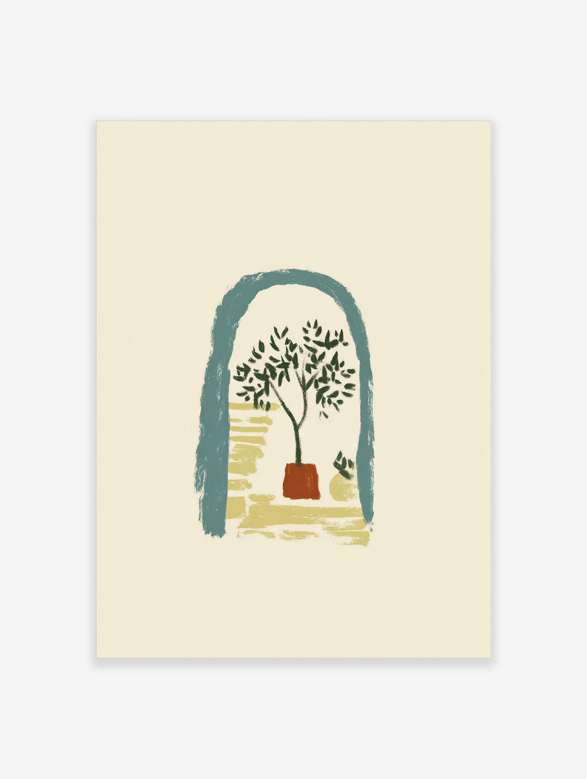 Botanical tree art print with olive tree in terracotta pot inside teal arch on cream background