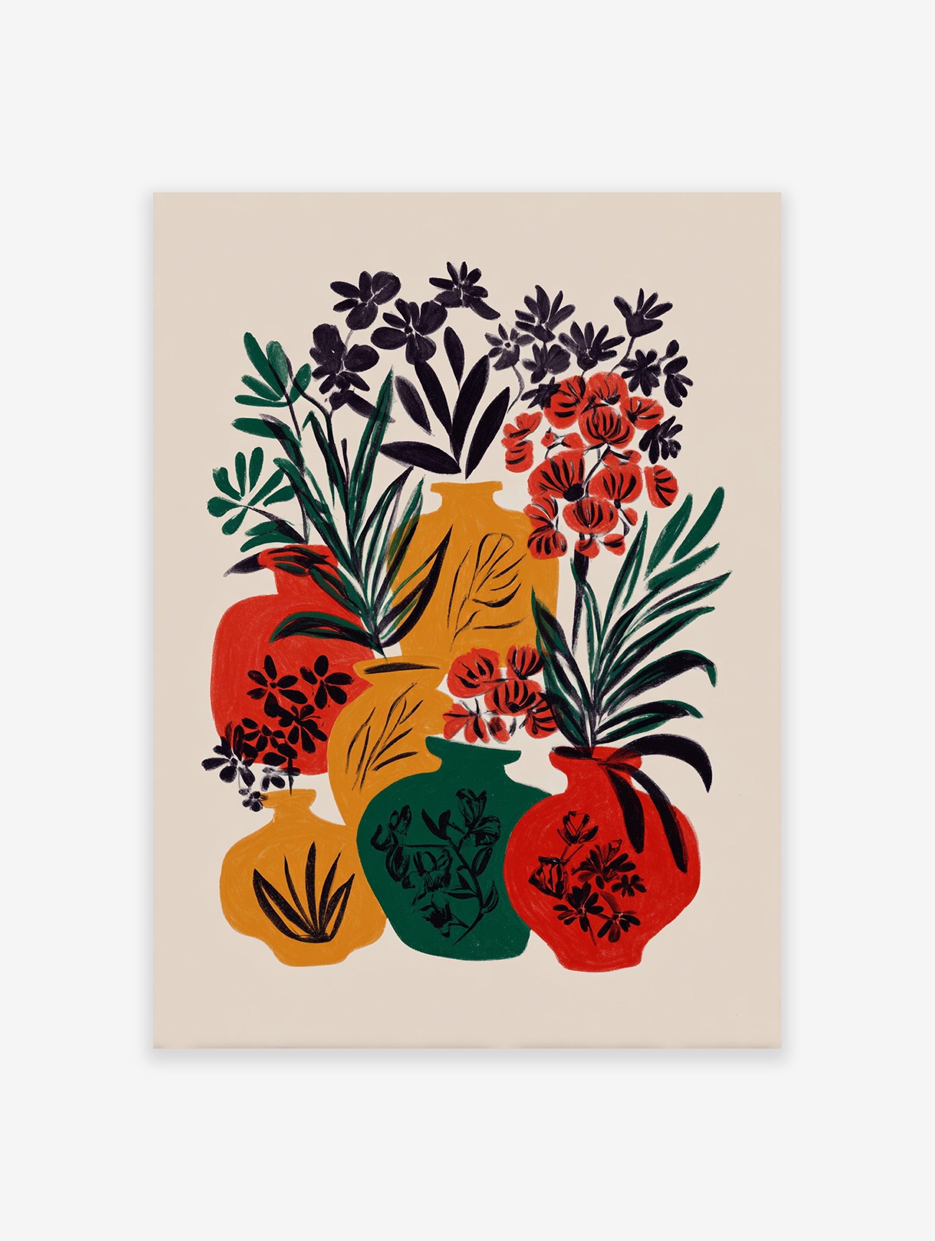Vibrant botanical vase poster featuring a modern illustration of red, yellow, and green vases with black and red flowers.