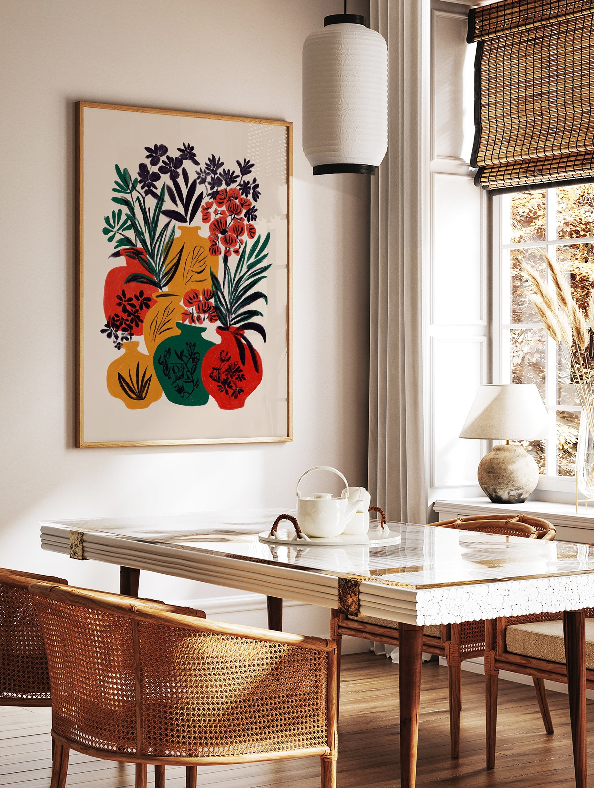 Vibrant botanical vase poster featuring a modern illustration of red, yellow, and green vases with black and red flowers. - Image 2