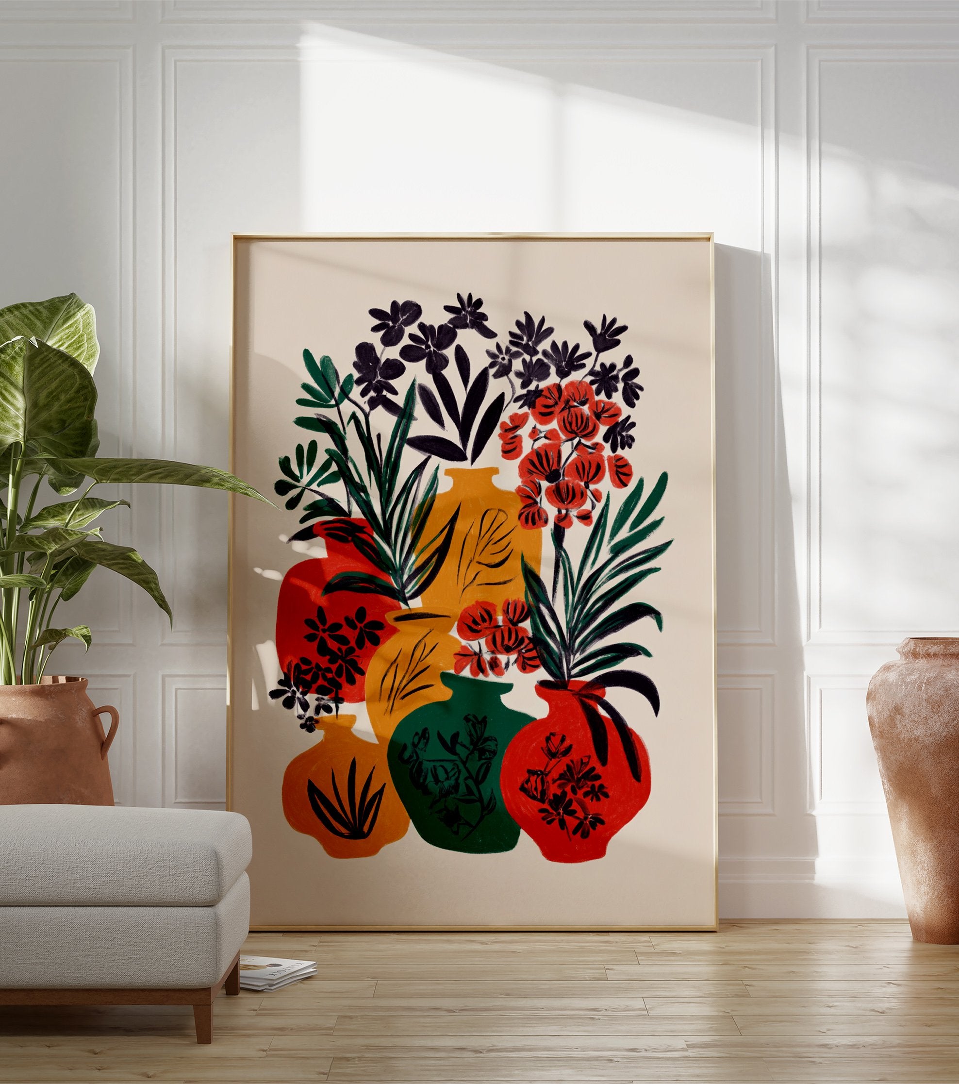 Vibrant botanical vase poster featuring a modern illustration of red, yellow, and green vases with black and red flowers. - Image 3