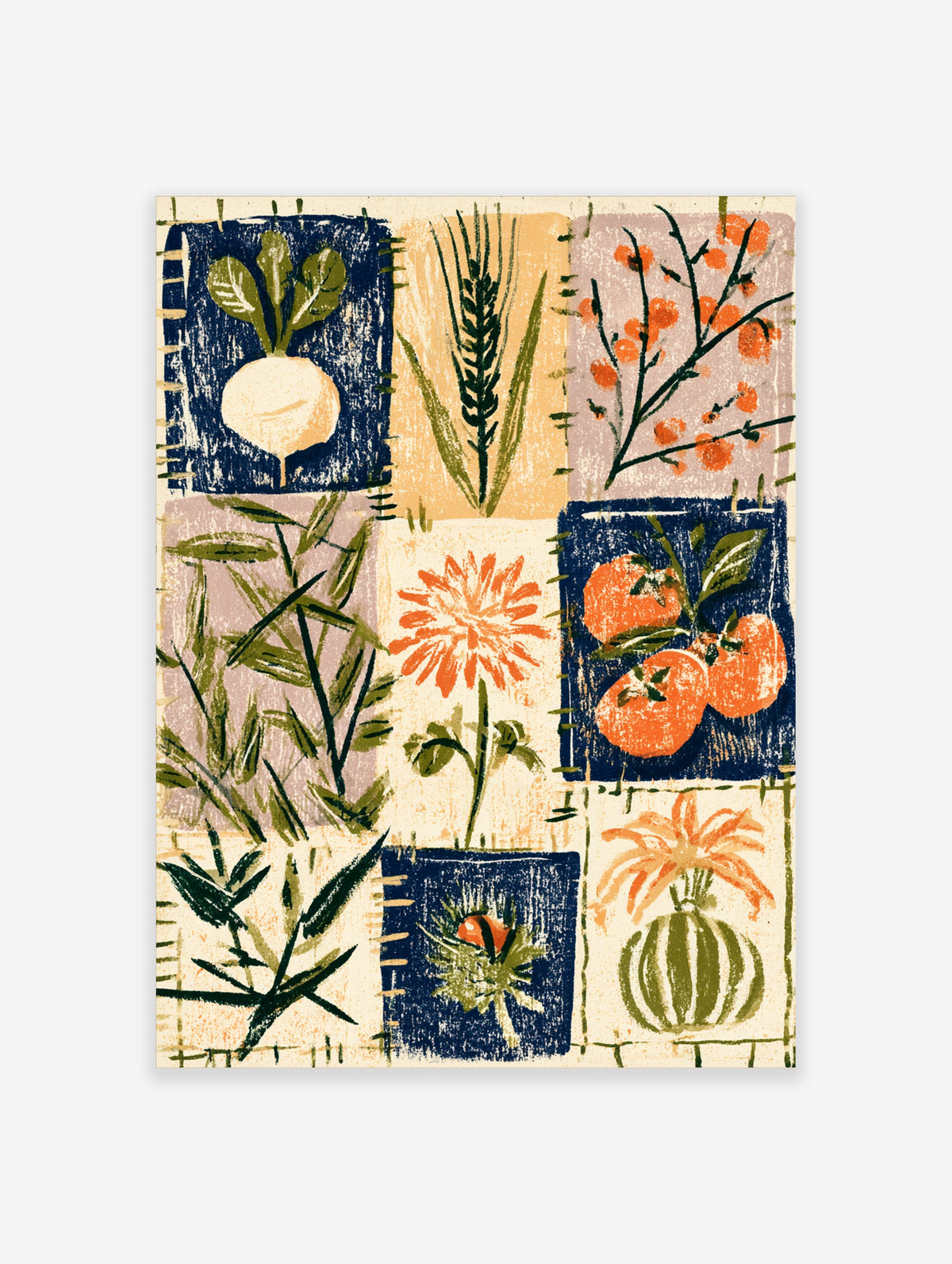 Botanical vegetable and fruit poster with turnip, wheat, blossom, bamboo, tomato, and citrus illustrations