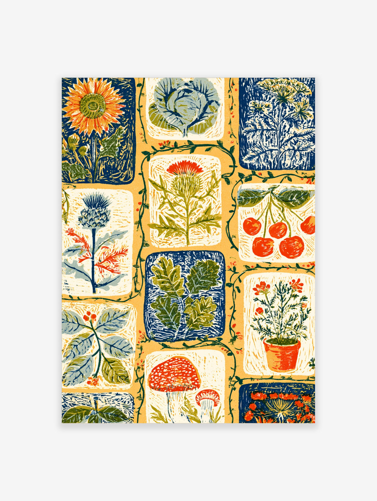 Botanical vegetable garden poster with sunflower, cabbage, mushroom and tomato block prints on yellow ground
