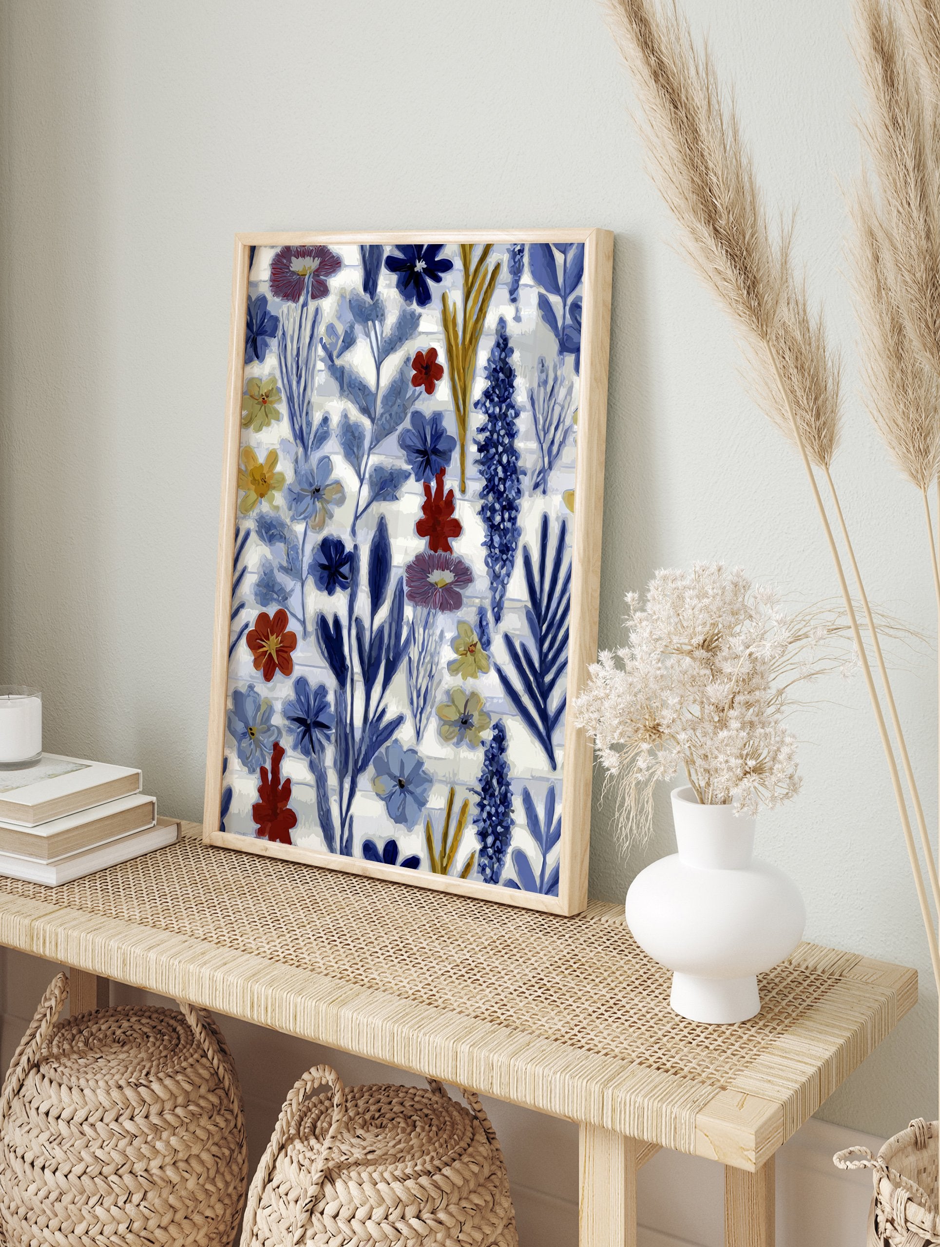 Abstract botanical wall art print with blue, red, and yellow flowers and leaves on a white background - Image 3