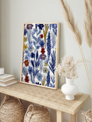Abstract botanical wall art print with blue, red, and yellow flowers and leaves on a white background - Image 3