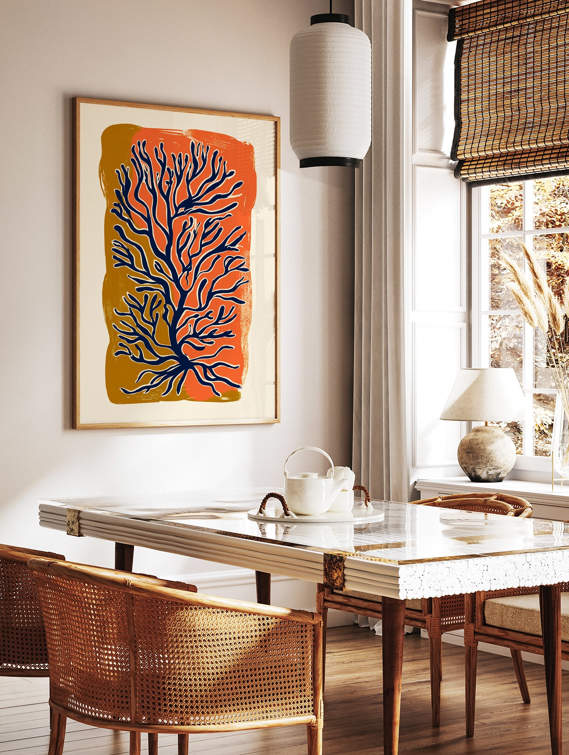 Abstract botanical art print featuring blue coral-like branches over vibrant orange and brown textured shapes on a cream background. - Image 2
