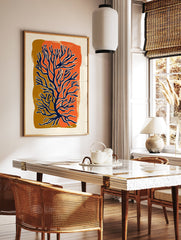 Abstract botanical art print featuring blue coral-like branches over vibrant orange and brown textured shapes on a cream background. - Image 2