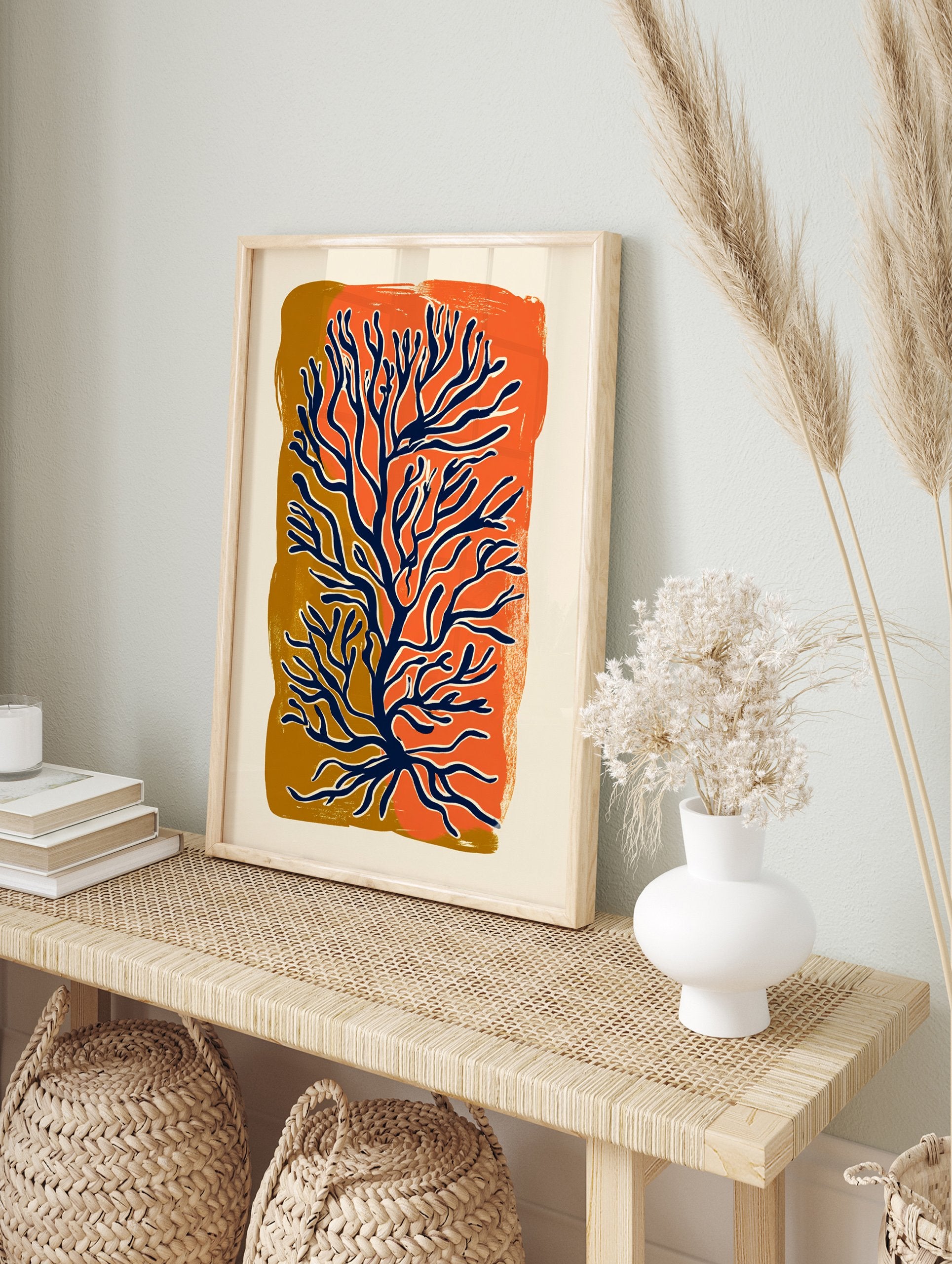 Abstract botanical art print featuring blue coral-like branches over vibrant orange and brown textured shapes on a cream background. - Image 3
