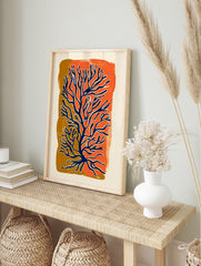 Abstract botanical art print featuring blue coral-like branches over vibrant orange and brown textured shapes on a cream background. - Image 3