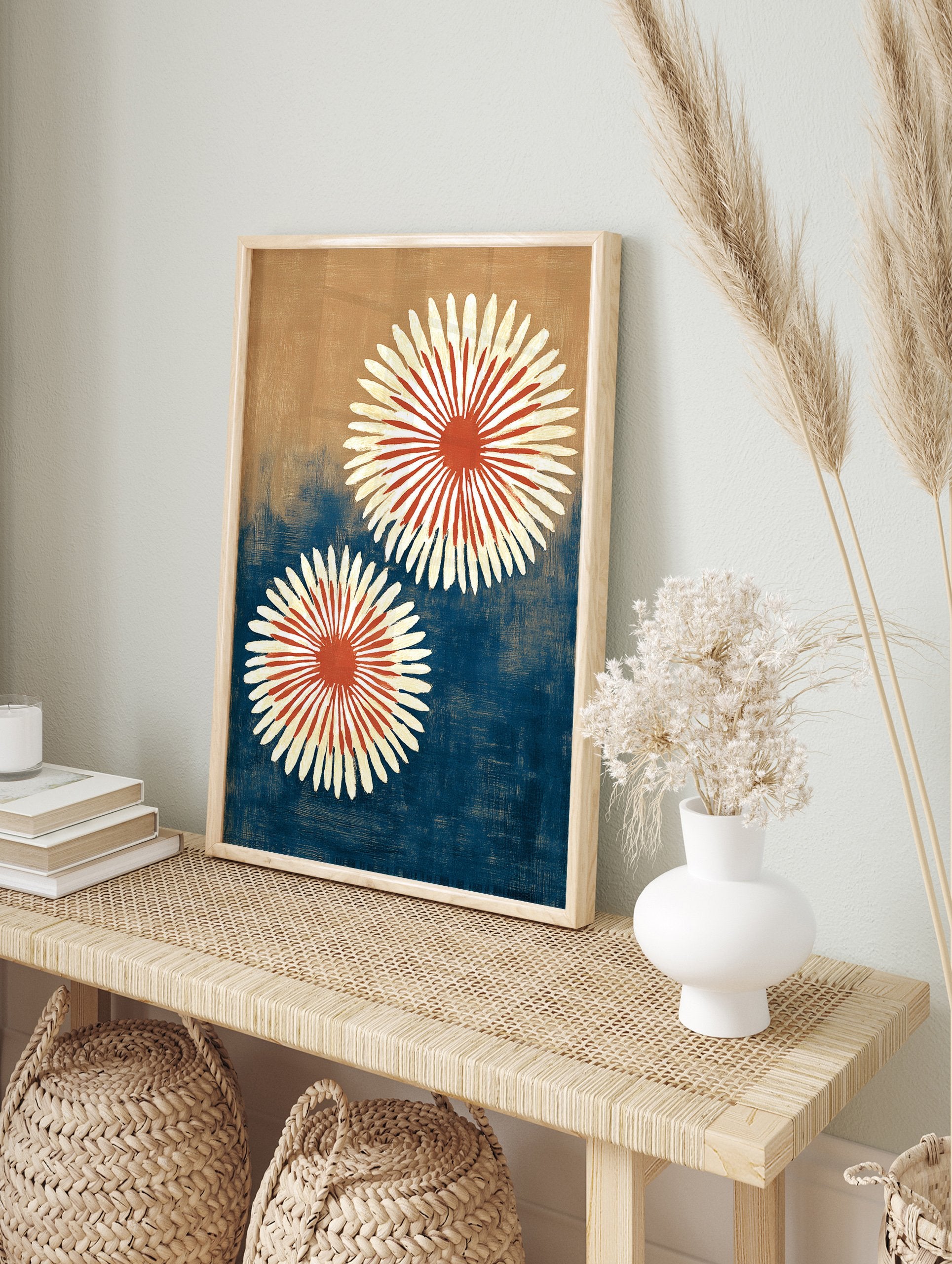 Abstract botanical wall art featuring two stylized white and red-orange flowers on a textured blue and brown background. - Image 3