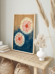 Abstract botanical wall art featuring two stylized white and red-orange flowers on a textured blue and brown background. - Image 3