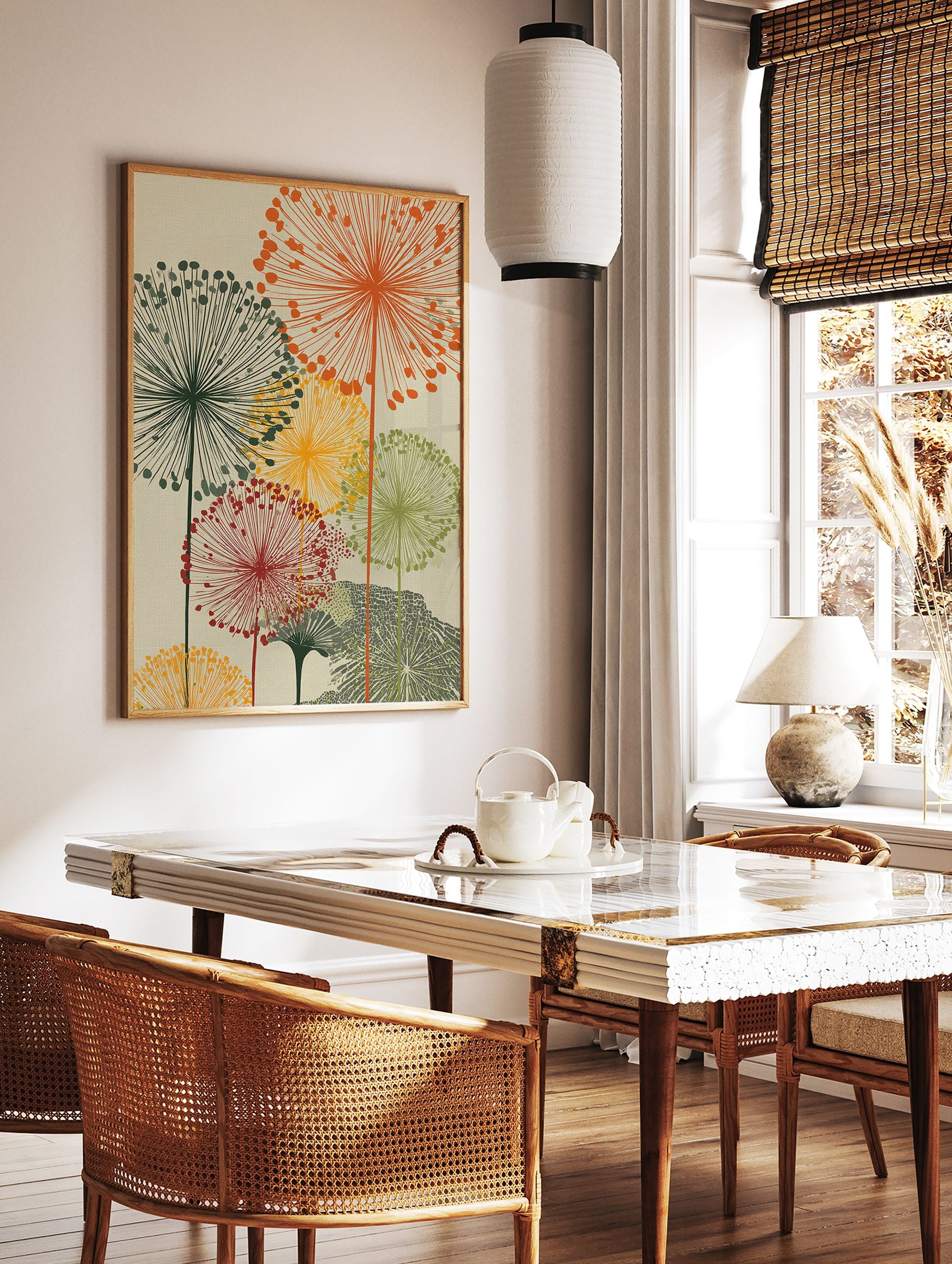 Multi-color botanical wall art print with abstract dandelion-like flowers in orange, green, yellow, and red on a beige background. - Image 2