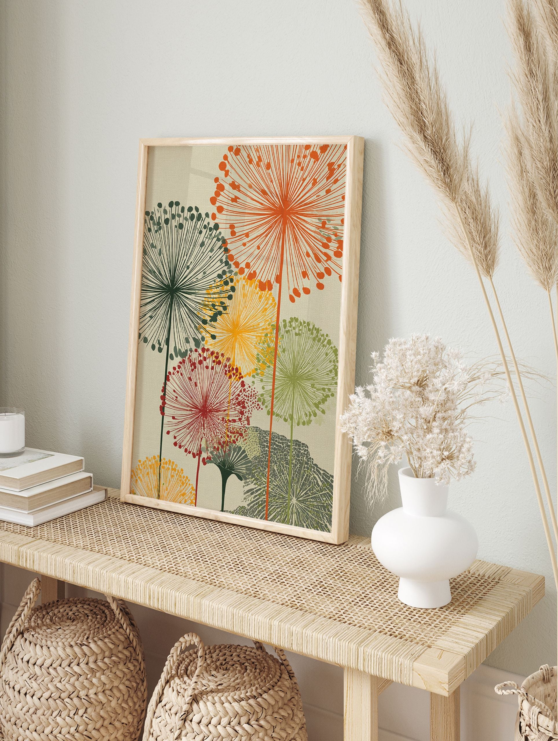 Multi-color botanical wall art print with abstract dandelion-like flowers in orange, green, yellow, and red on a beige background. - Image 3