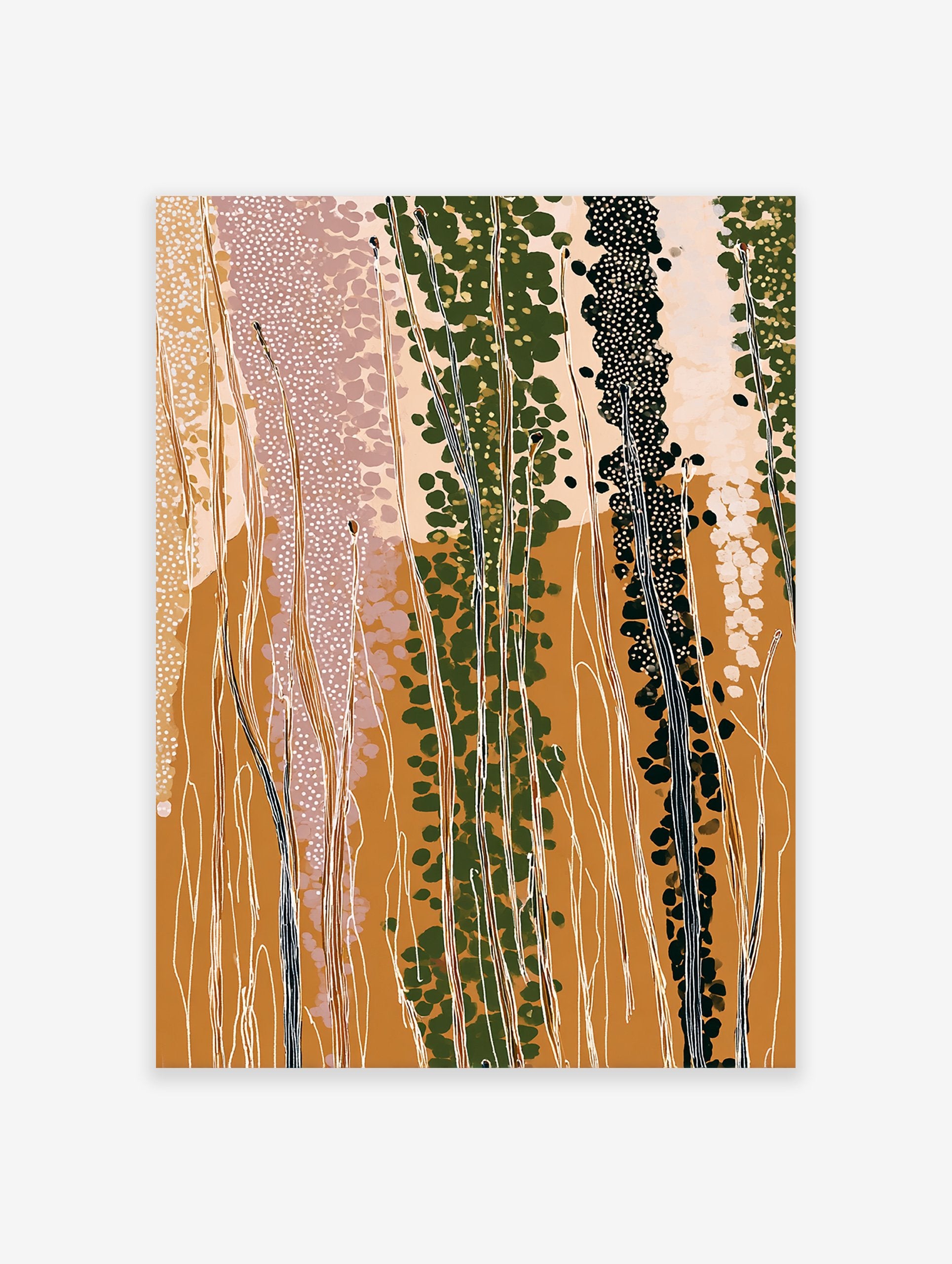 Abstract botanical wall art print with tall green and black plants, white dots, and earth tone background.
