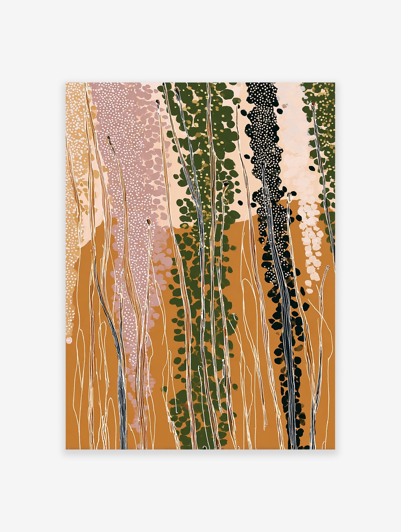 Abstract botanical wall art print with tall green and black plants, white dots, and earth tone background.
