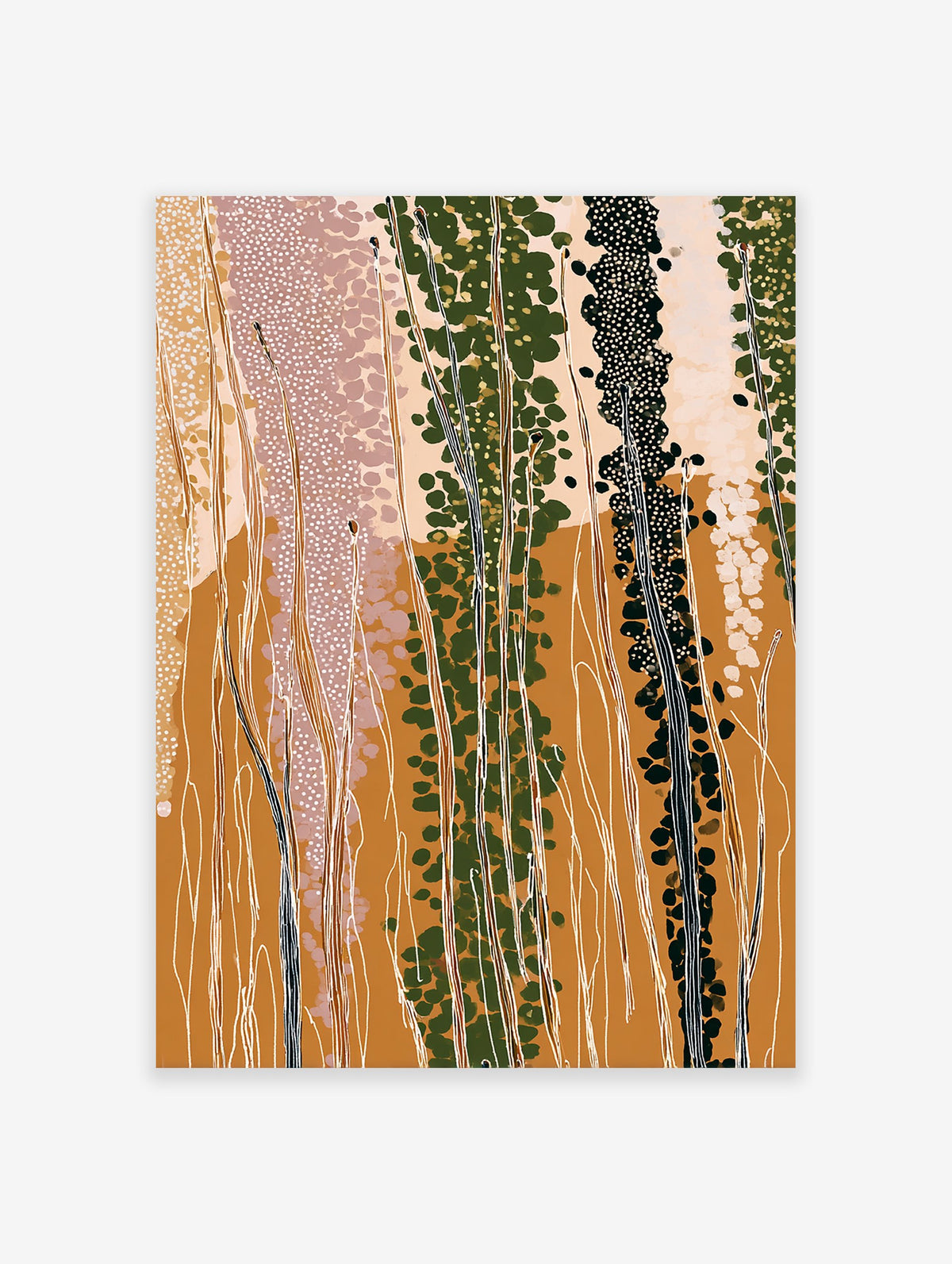 Abstract botanical wall art print with tall green and black plants, white dots, and earth tone background.