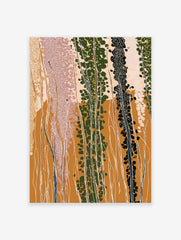 Abstract botanical wall art print with tall green and black plants, white dots, and earth tone background.