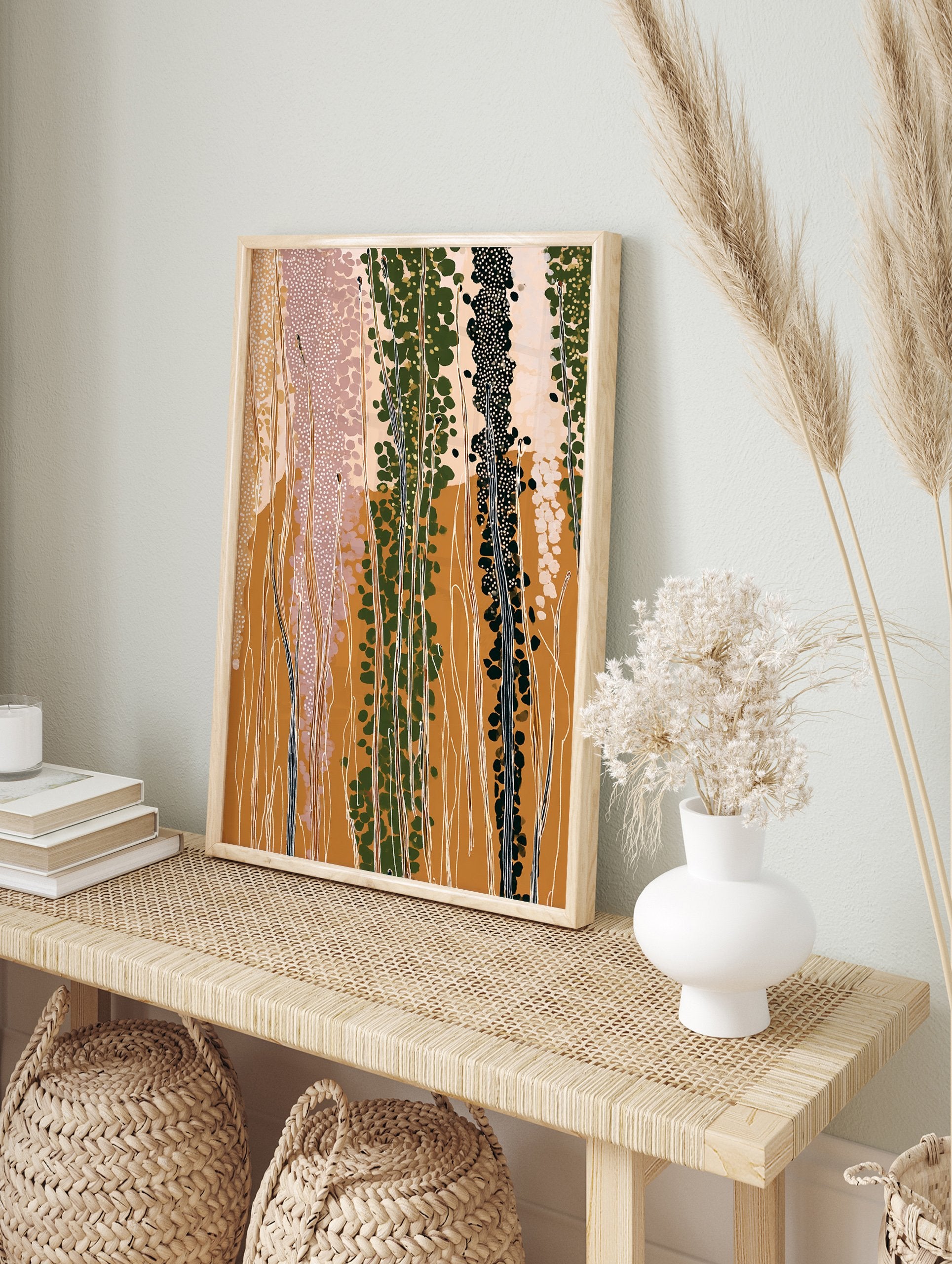 Abstract botanical wall art print with tall green and black plants, white dots, and earth tone background. - Image 3