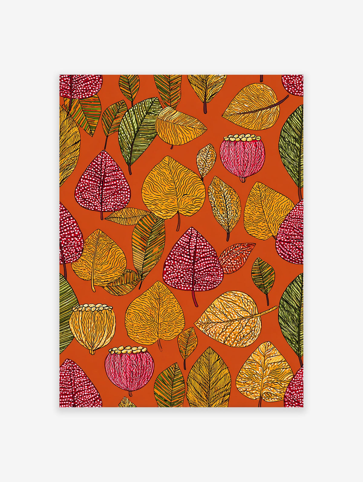 Botanical wall art featuring a vibrant, illustrative pattern of red, yellow, and green autumn leaves and seed pods on an orange background.