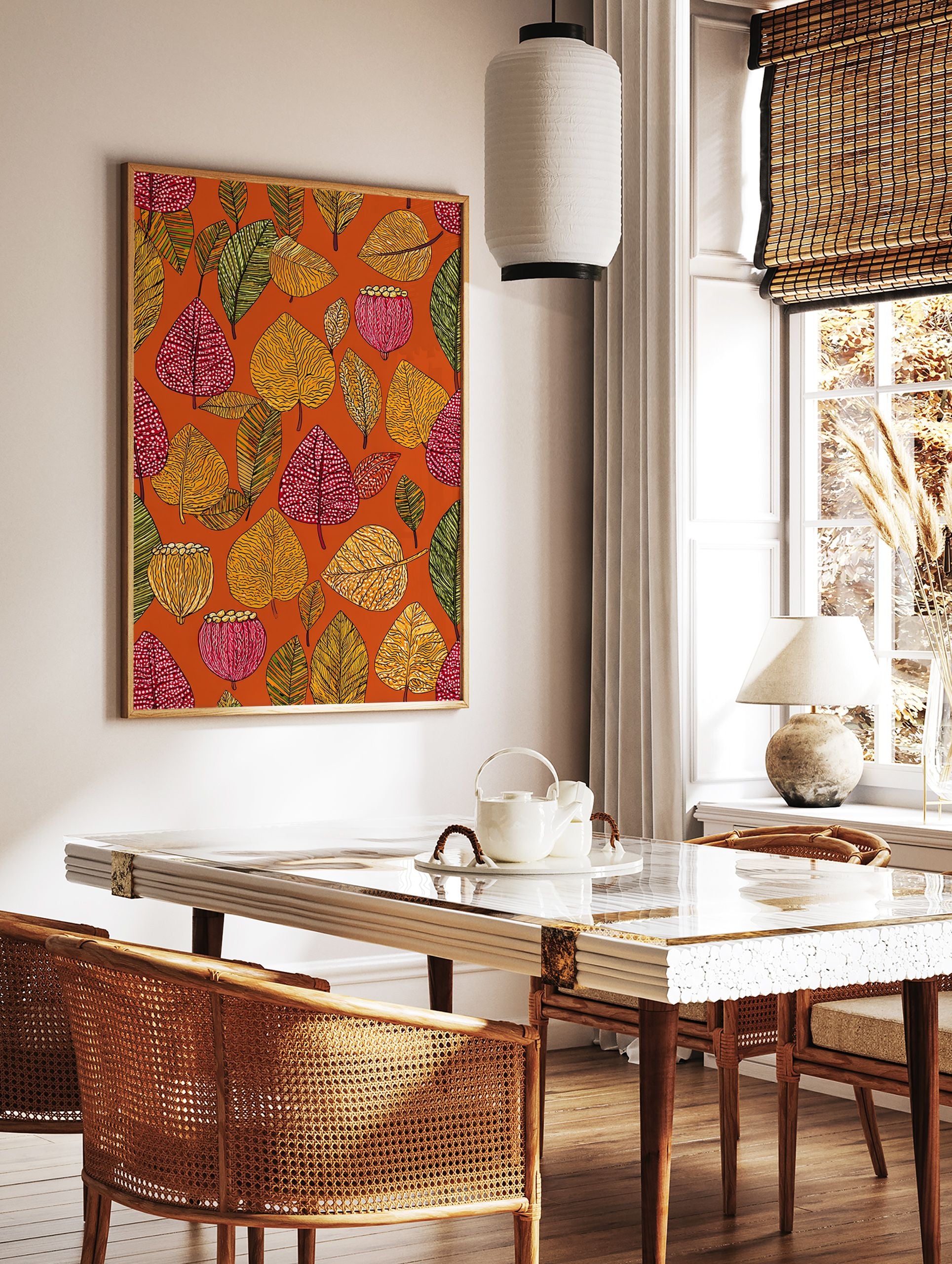 Botanical wall art featuring a vibrant, illustrative pattern of red, yellow, and green autumn leaves and seed pods on an orange background. - Image 2