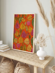 Botanical wall art featuring a vibrant, illustrative pattern of red, yellow, and green autumn leaves and seed pods on an orange background. - Image 3