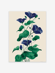 Botanical wall art print of blue bell flowers with green leaves and stems on a cream background, illustrated style.