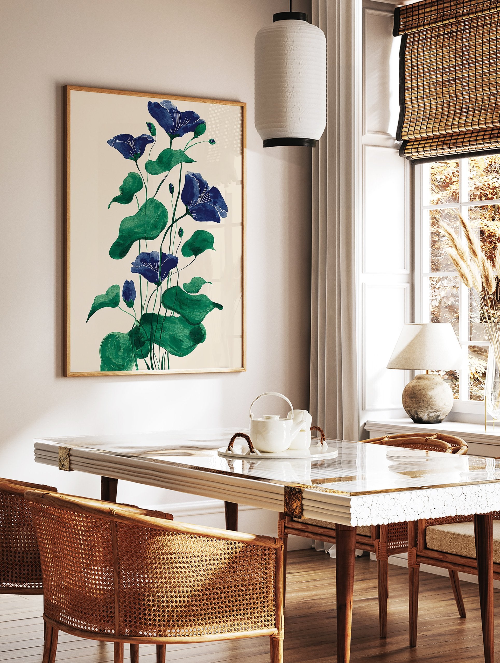Botanical wall art print of blue bell flowers with green leaves and stems on a cream background, illustrated style. - Image 2