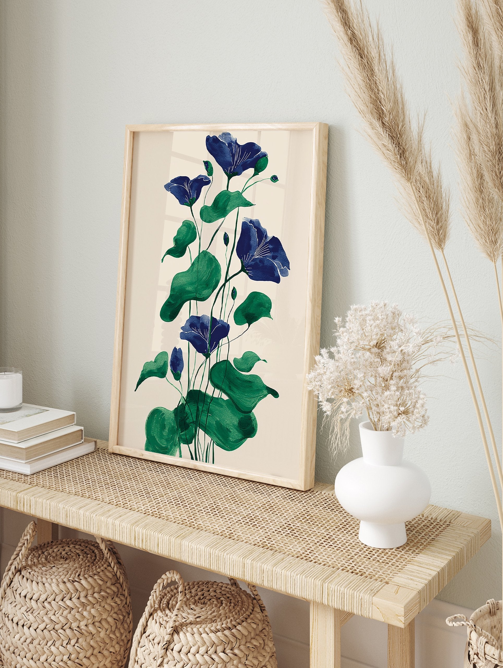 Botanical wall art print of blue bell flowers with green leaves and stems on a cream background, illustrated style. - Image 3
