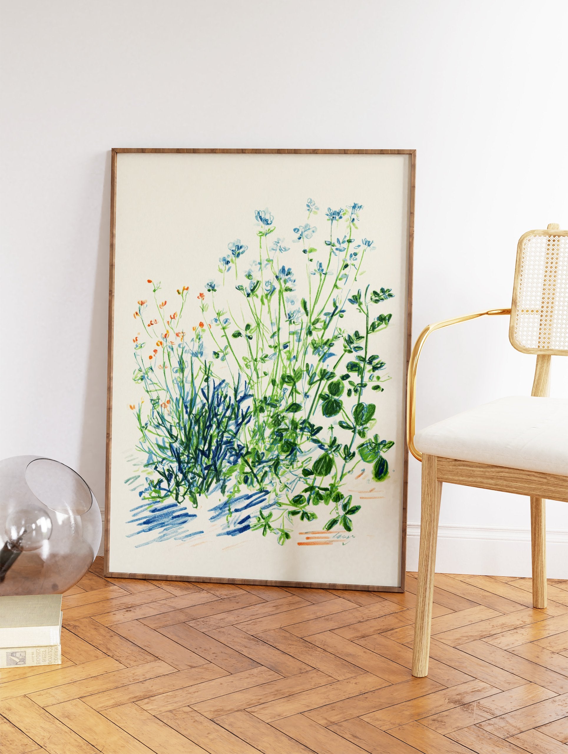 Botanical Wall Art featuring an illustration of blue and green wildflowers with orange accents, on a cream background. - Image 2