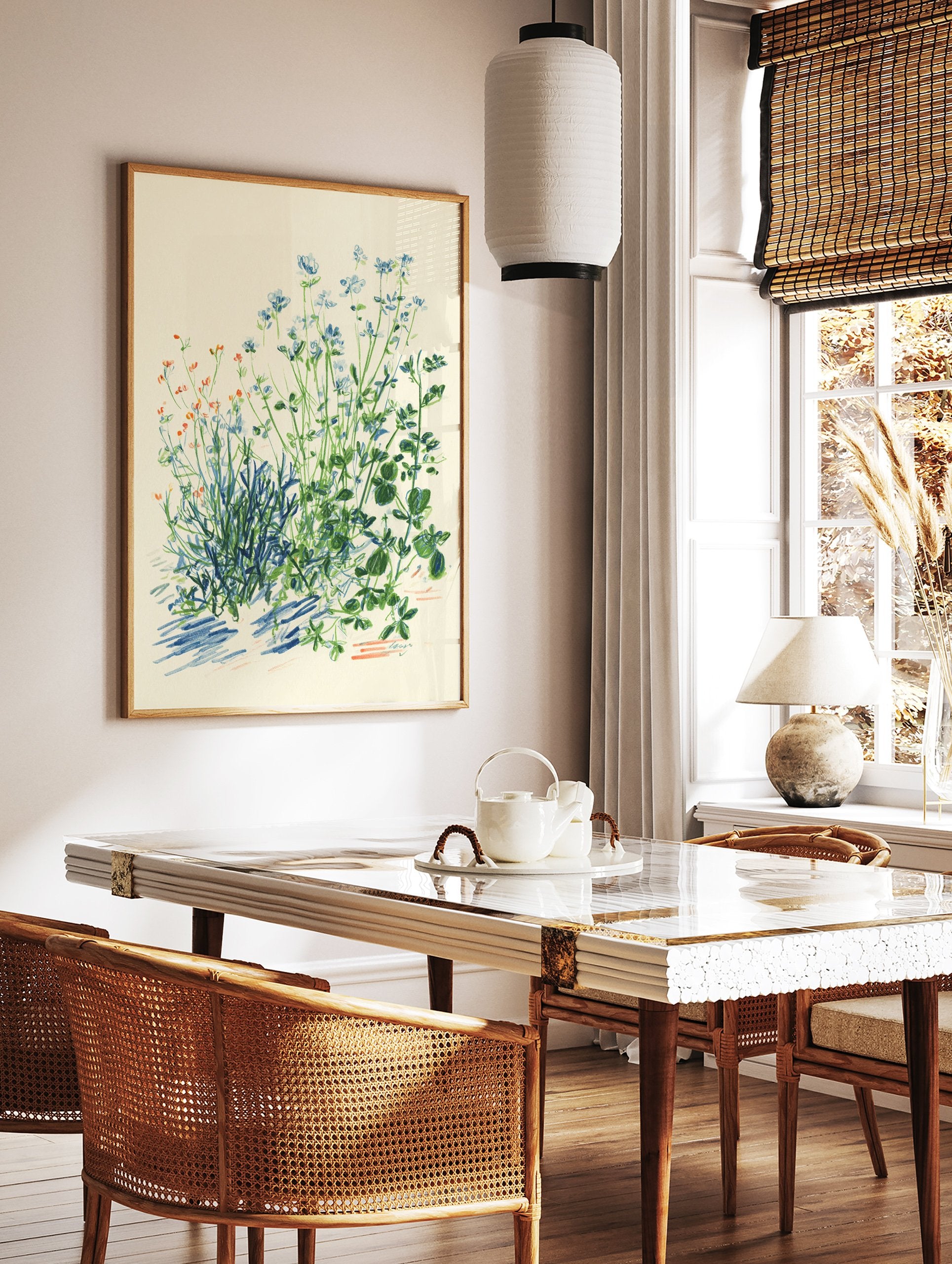 Botanical Wall Art featuring an illustration of blue and green wildflowers with orange accents, on a cream background. - Image 3