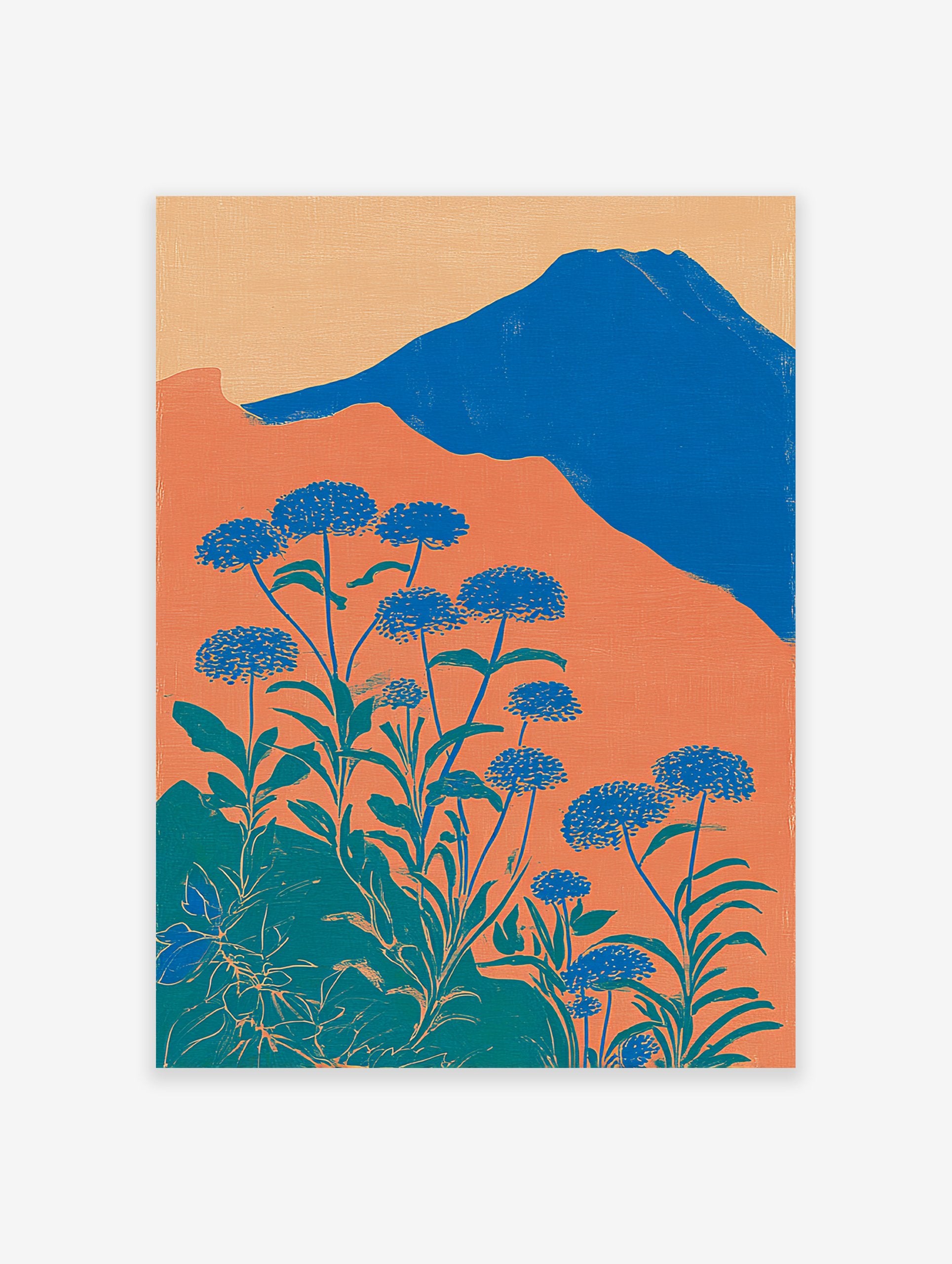 Illustrative botanical wall art with blue flowers, green leaves, orange hills, and a blue mountain under a light orange sky.