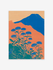 Illustrative botanical wall art with blue flowers, green leaves, orange hills, and a blue mountain under a light orange sky.