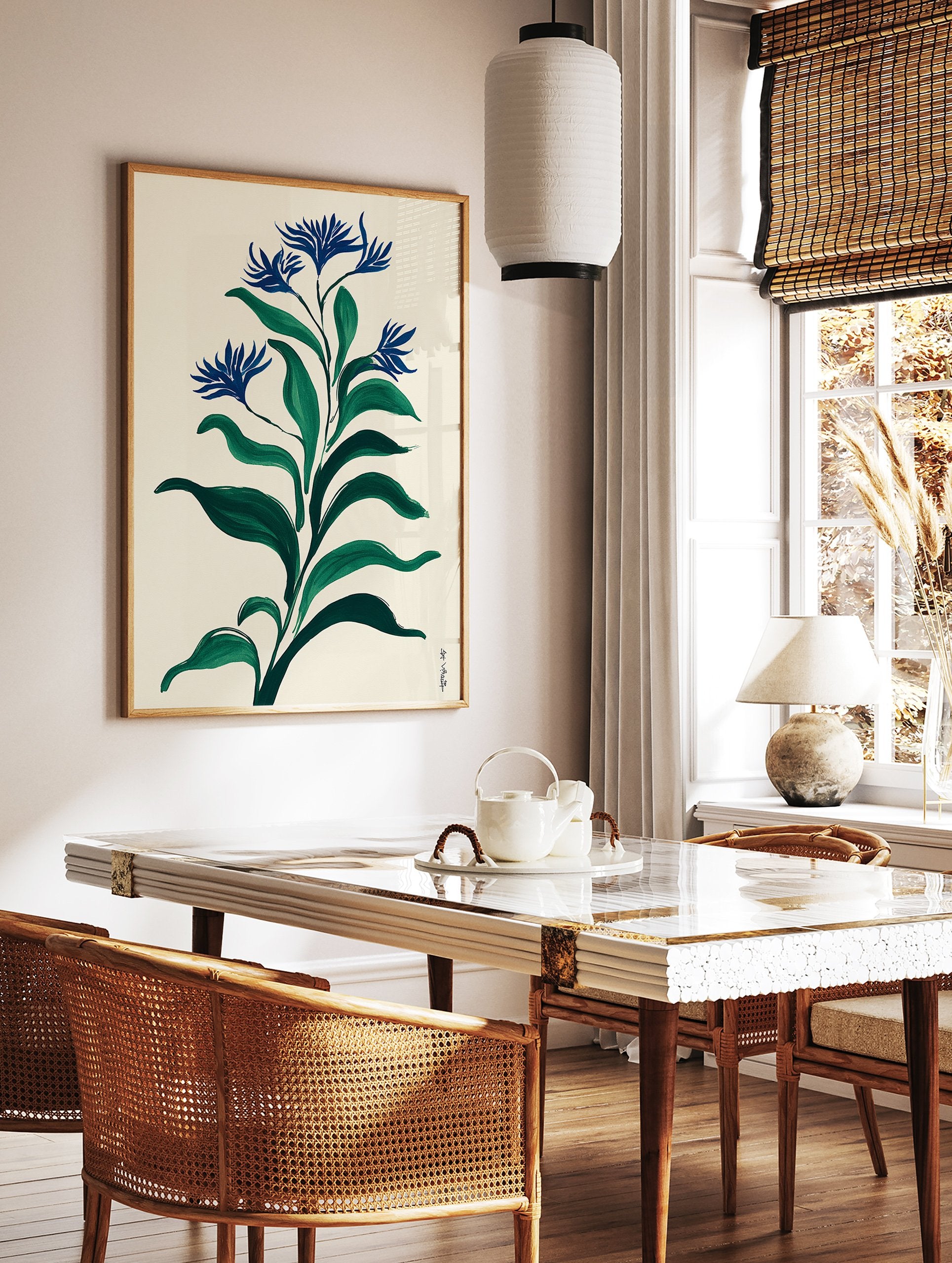 Modern botanical wall art print with deep blue flowers and dark green leaves on a light beige background in an illustrative style. - Image 2