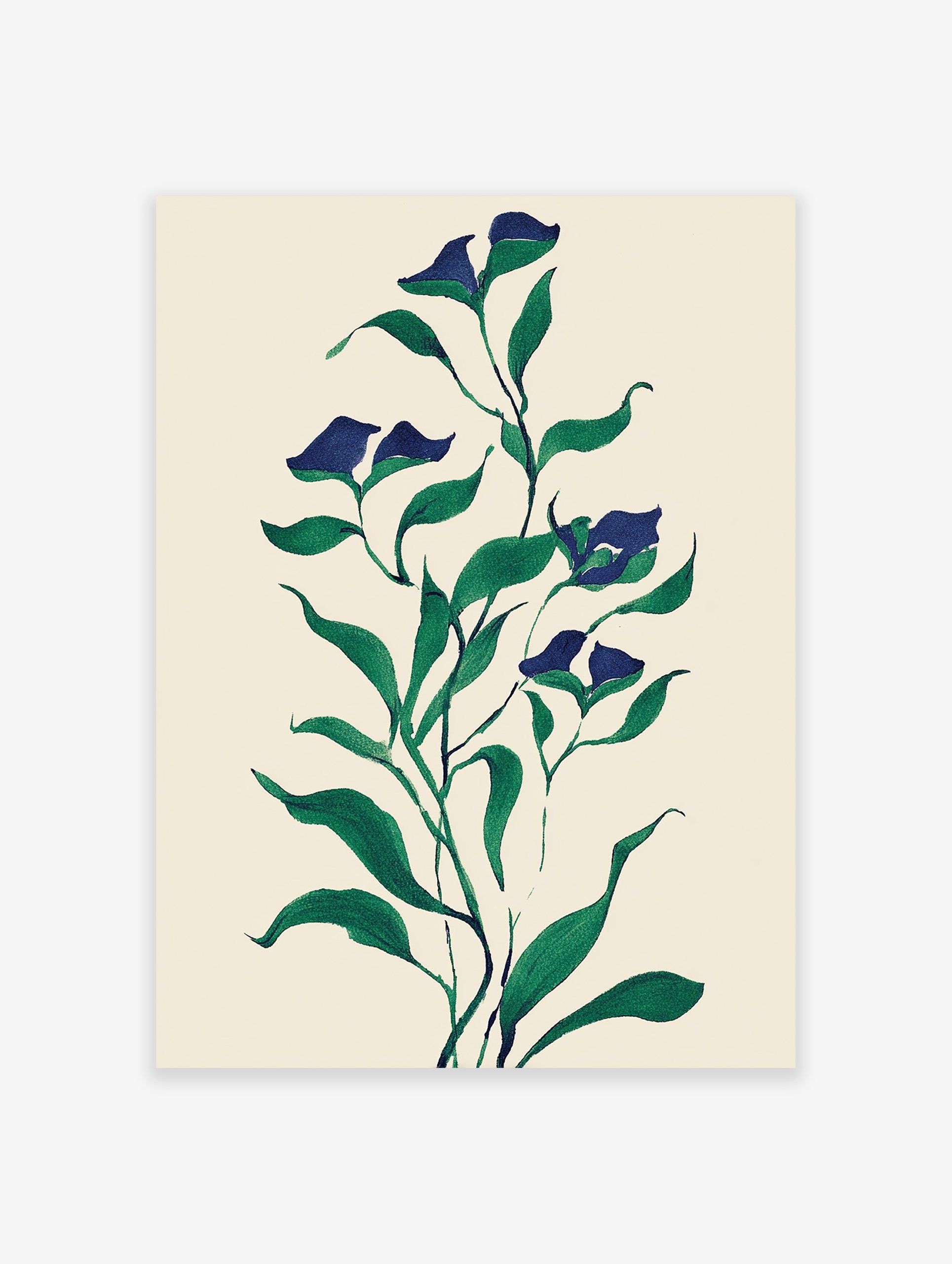 Botanical wall art print featuring dark blue flowers and green leaves on a light cream background, in an illustrative style.