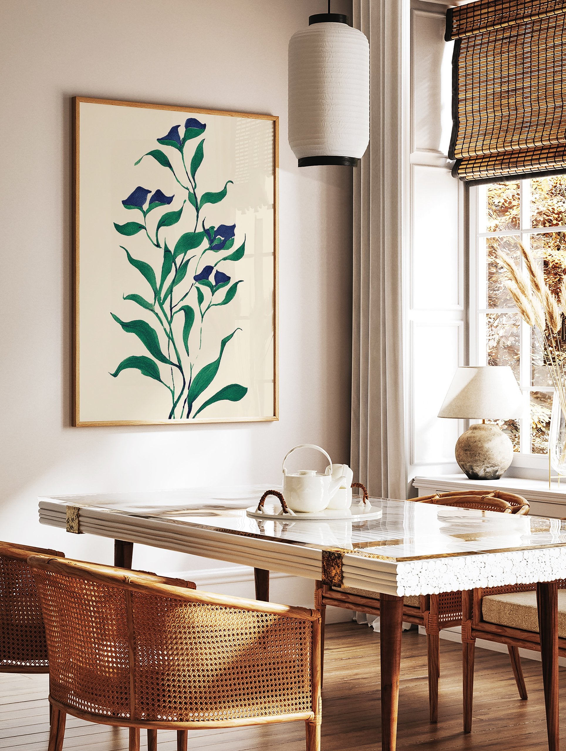 Botanical wall art print featuring dark blue flowers and green leaves on a light cream background, in an illustrative style. - Image 2