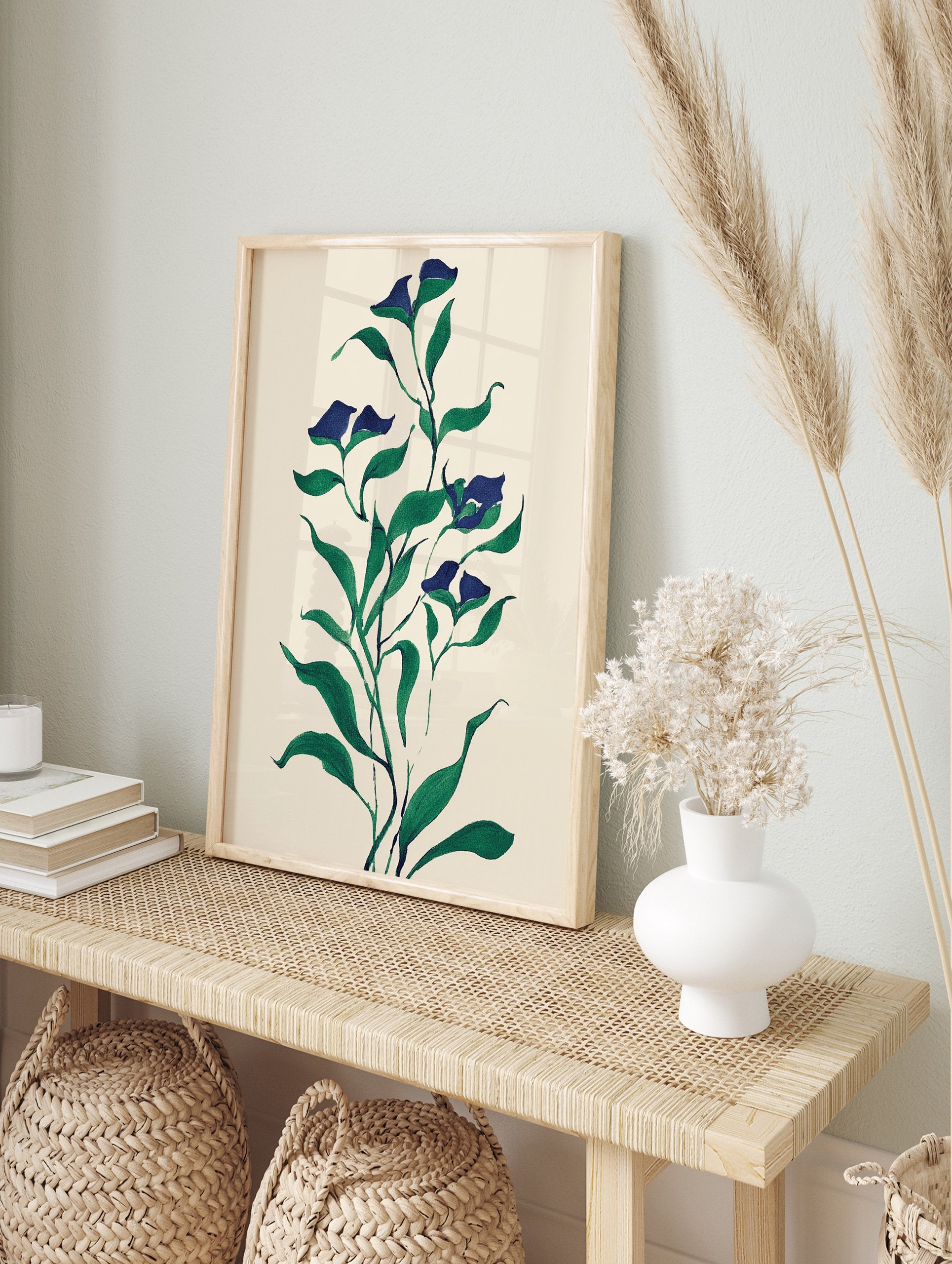 Botanical wall art print featuring dark blue flowers and green leaves on a light cream background, in an illustrative style. - Image 3