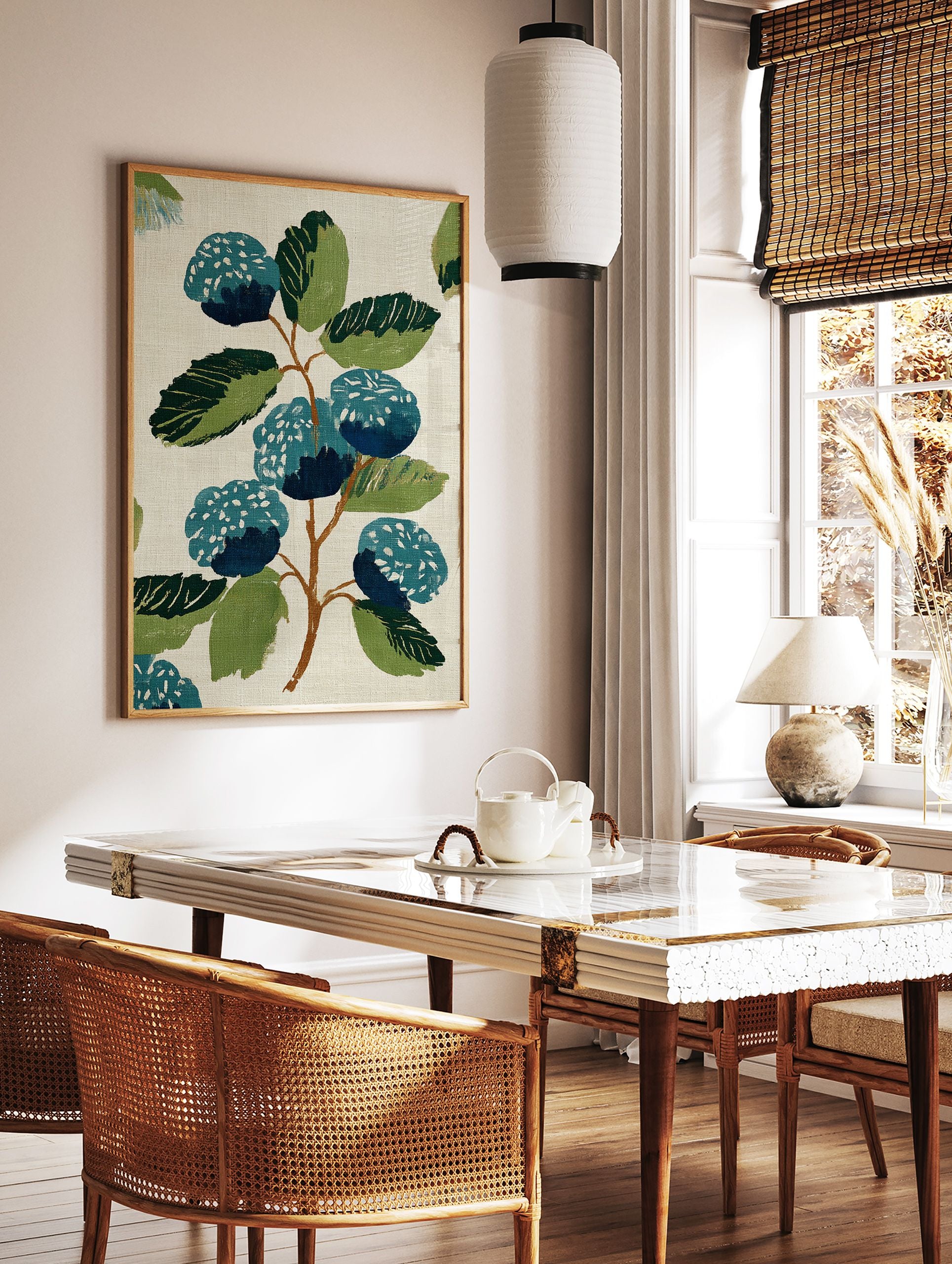 Stylized blue and green botanical wall art print featuring berries and leaves on a light textured background. - Image 2