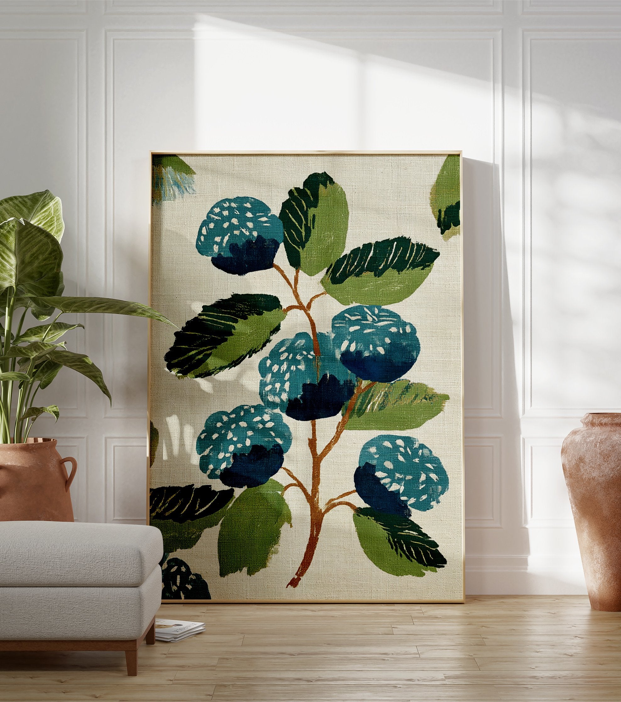 Stylized blue and green botanical wall art print featuring berries and leaves on a light textured background. - Image 3