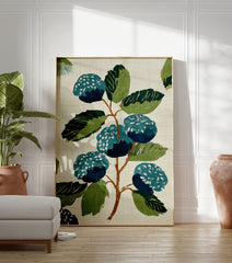 Stylized blue and green botanical wall art print featuring berries and leaves on a light textured background. - Image 3