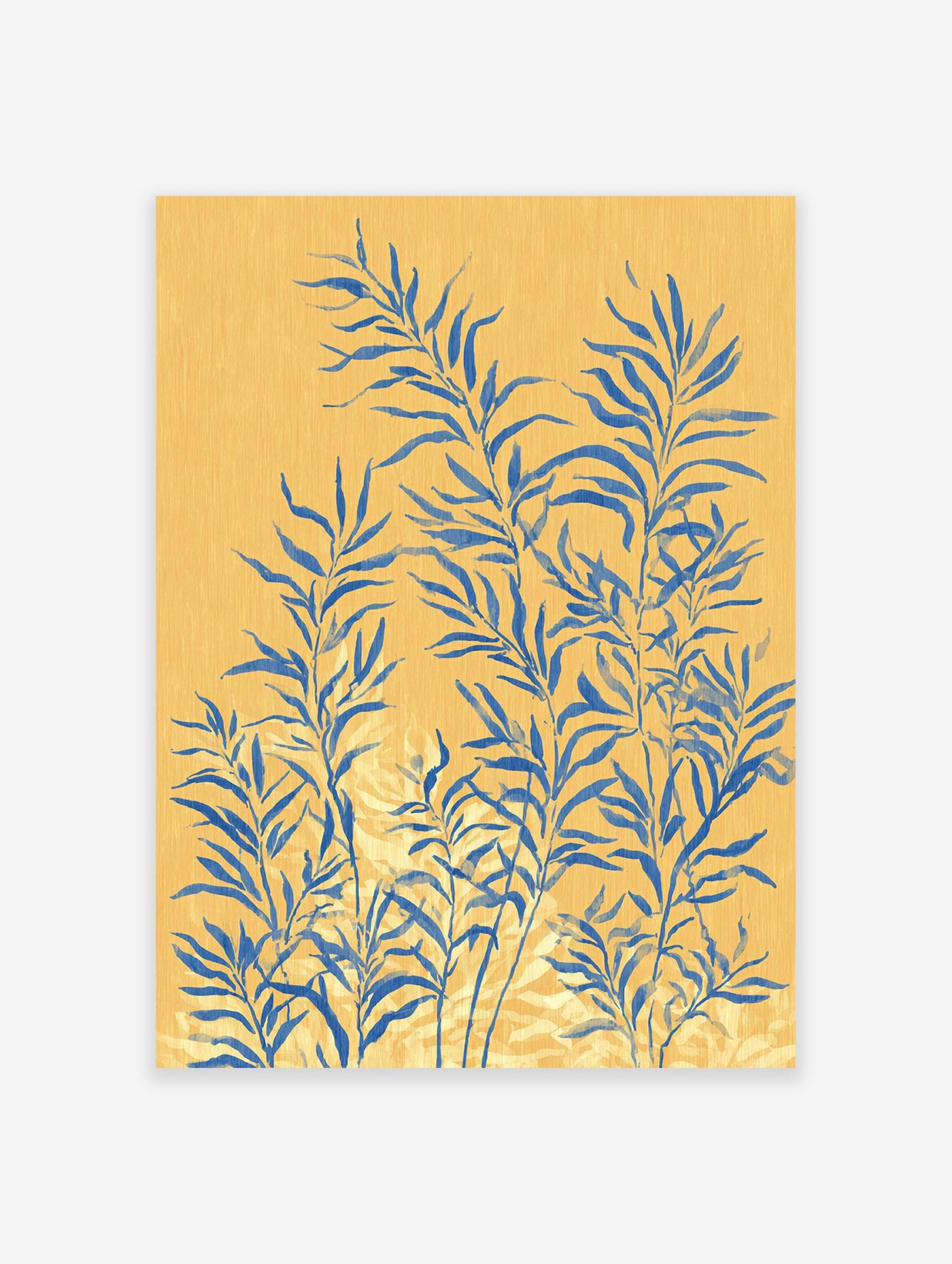 Botanical wall art print with blue leaves on a textured yellow background, featuring a modern illustrative style.