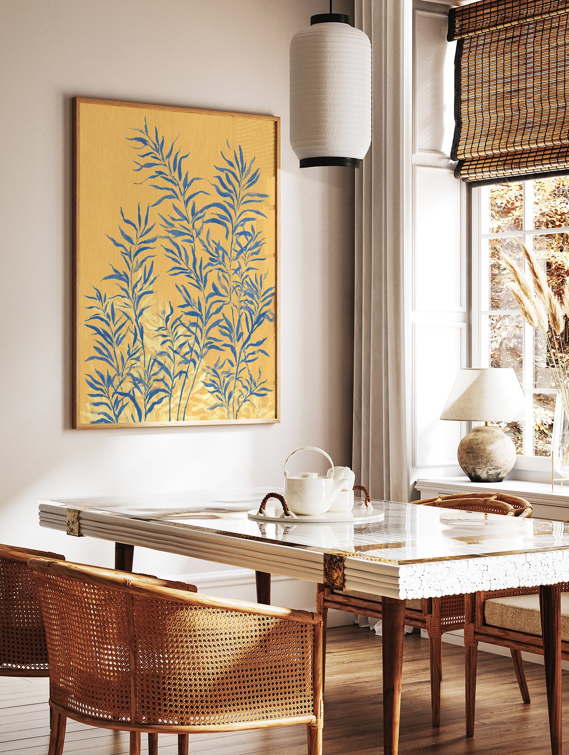 Botanical wall art print with blue leaves on a textured yellow background, featuring a modern illustrative style. - Image 2