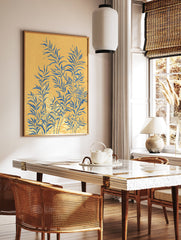 Botanical wall art print with blue leaves on a textured yellow background, featuring a modern illustrative style. - Image 2