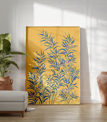 Botanical wall art print with blue leaves on a textured yellow background, featuring a modern illustrative style. - Image 3