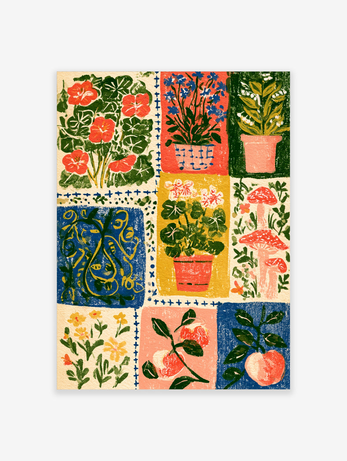 Colourful botanical poster with red flowers, potted plants, mushrooms and fruit in a patchwork grid